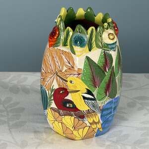 Hand Painted Folk Art Vase Birds Botanical Sculpted Rim Boho Eclectic